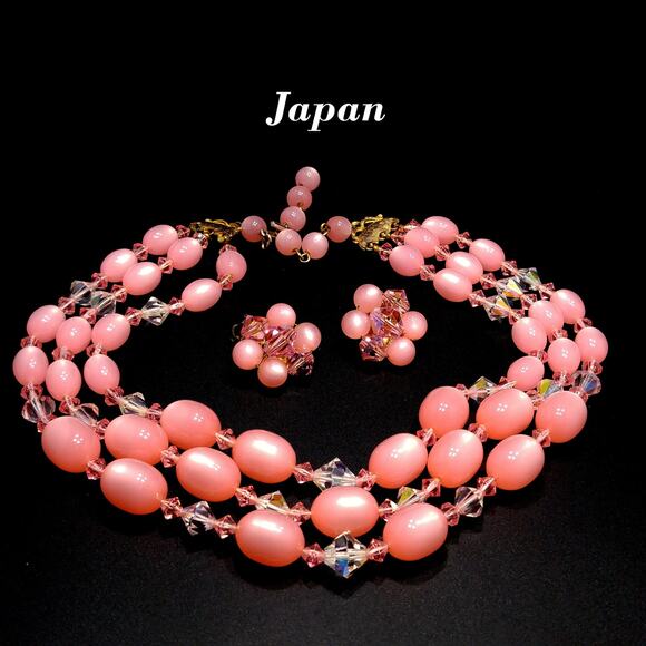 Vintage Japan Pink Beaded Necklace Earrings, Moonglow Lucite Crystal , 1950s - Picture 2 of 10
